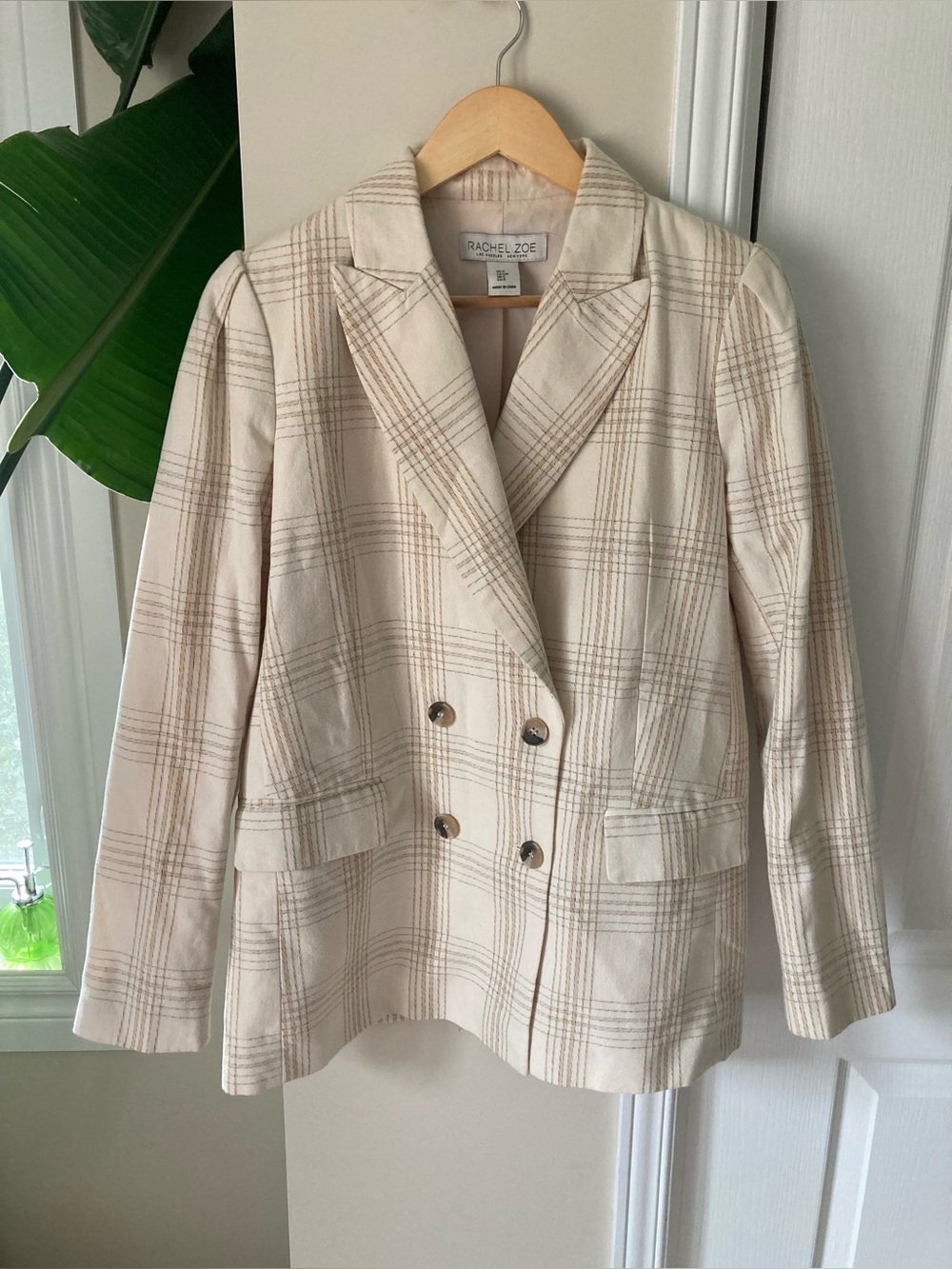 Rachel Zoe Cream and Tan Plaid Double-Breasted Blazer